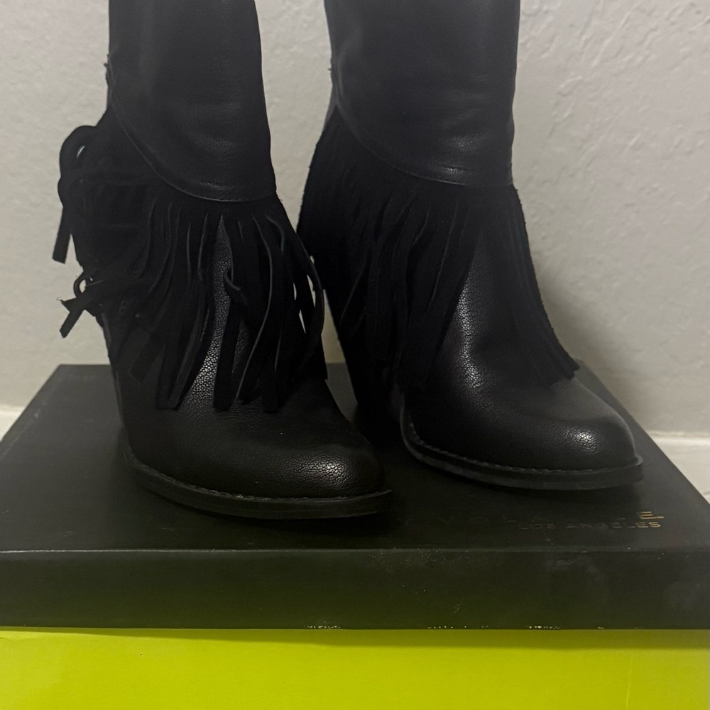 Volatile Black Fringe Heeled Ankle Boots